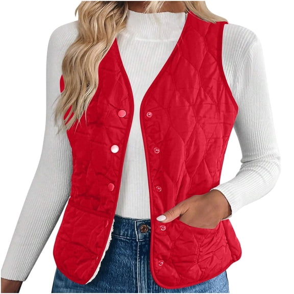 Womens Puffer Vest Lightweight Sleeveless Quilted Sherpa Button V-Neck Fall Winter Waistcoat Outerwear with Pockets
