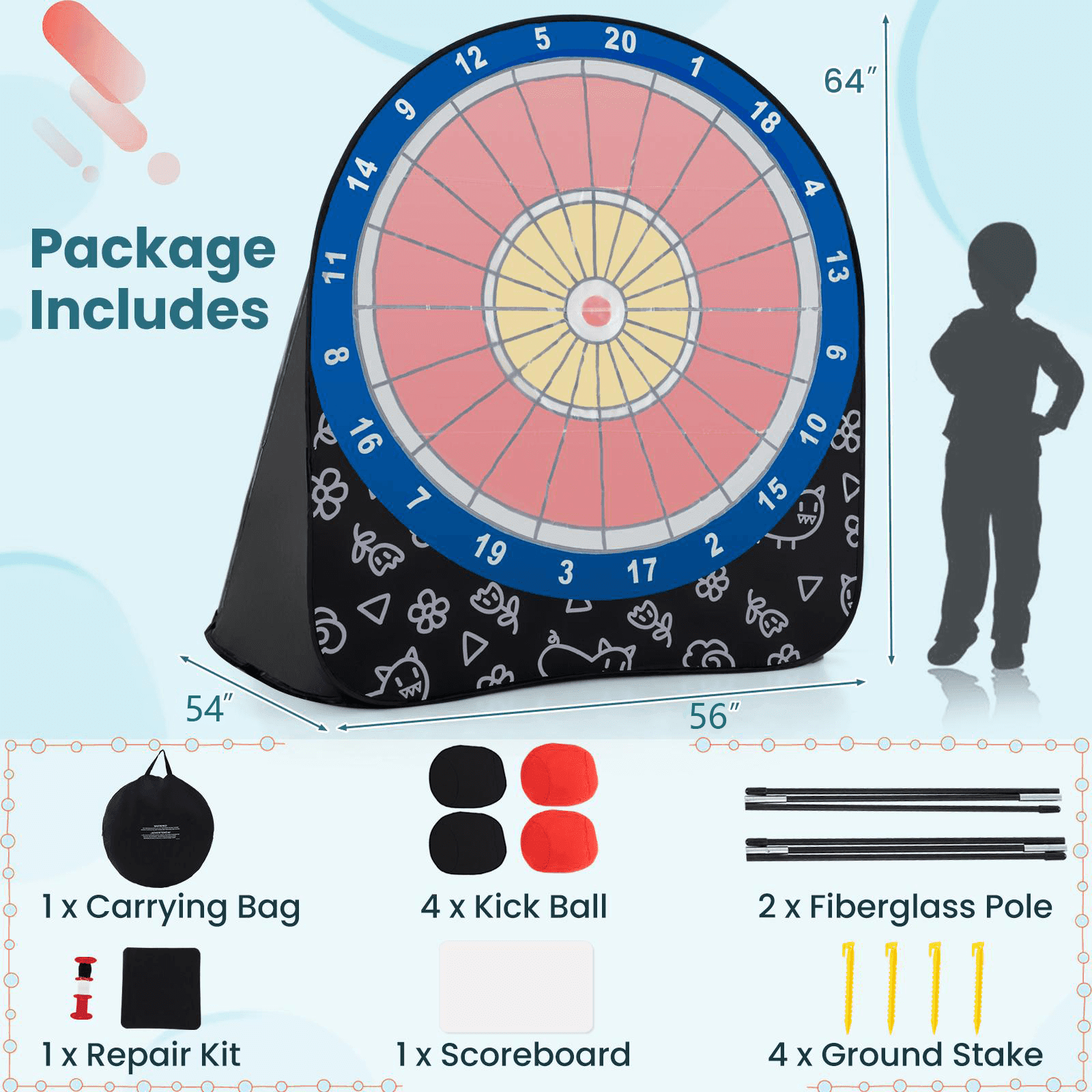 Costway Large Dart Board for Kids with 4 Kick Balls, Carrying Bag Giant Outdoor Kick Black