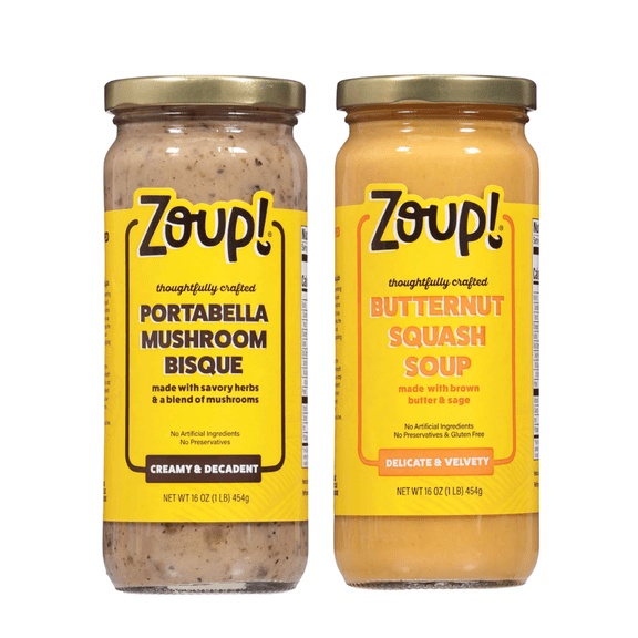 Zoup! Portabella Mushroom Bisque & Butternut Squash Soup  – Shelf-Stable, 16 oz Glass Jars