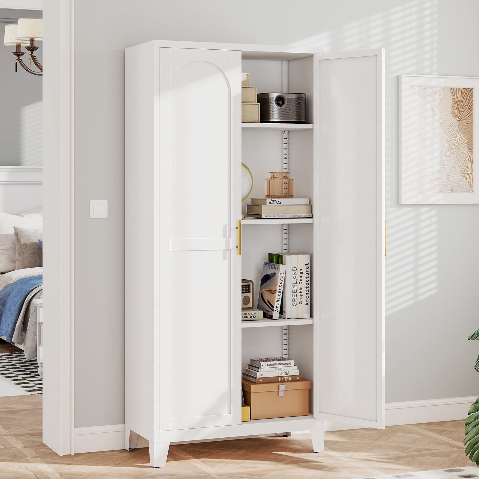 LIZEVINC 61.2in Pantry Cabinet, Metal Shapely Doors Cabinet with Doors and Adjustable Shelves, Food Pantry Cabinet for Kitchen,Dinning Room- Assembly Required(White)