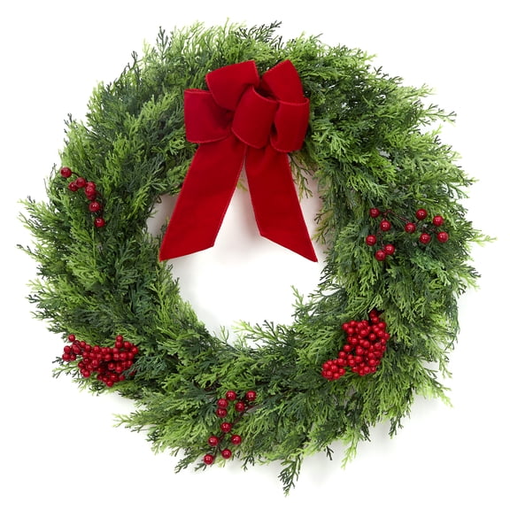 24" Artificial Green Cypress Christmas Wreath with Crimson Velvet Bow & Berry Clusters – Indoor/Outdoor Holiday Door Wreath – Front Door, Porch, Window, Fireplace Decor