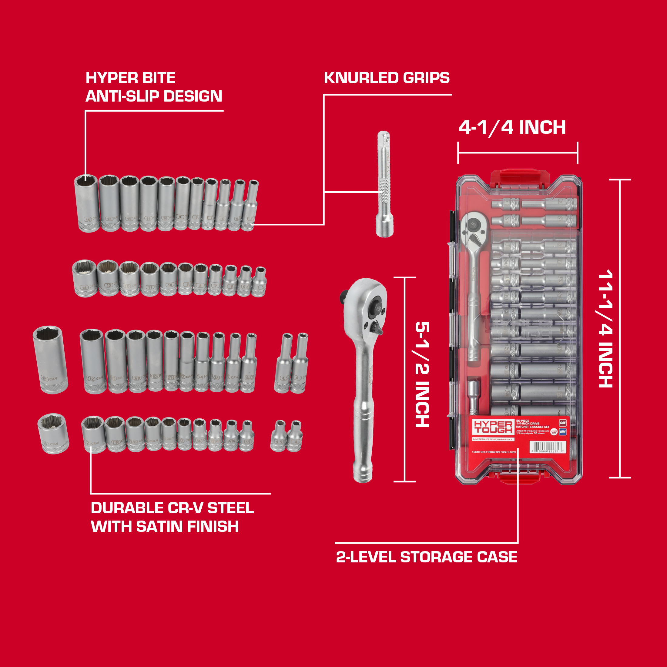Hyper Tough 1/4-Inch Drive Ratchet and Socket Set, 50-Piece photo 4