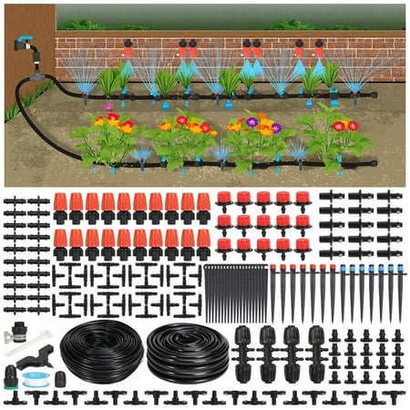 Drip Irrigation Kit, 221-Piece Garden Watering System With 230 Ft 1/4 In And 1/2 In Irrigation Tubing, Quick Connectors, Adjustable Nozzles, Patio Misting