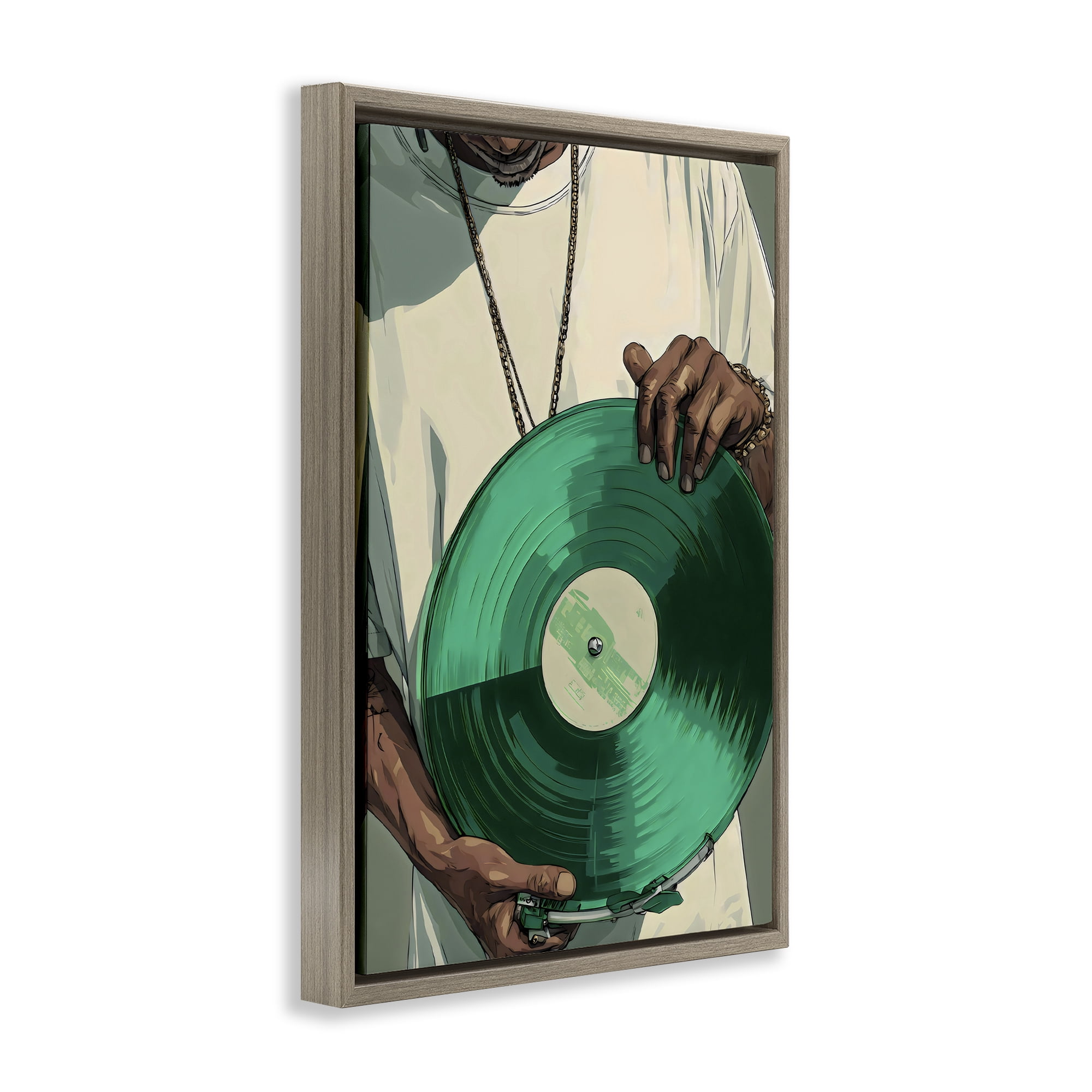Stupell Industries Green Vinyl Record Portrait Brown Framed Floater Canvas Wall Art, design by Franklyn Gregory