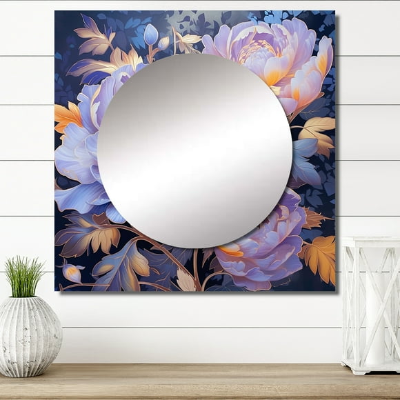 Designart "Retro Blue And Pink Peonies In Full Bloom" POPPIES Square Mirror For Wall Decor - Large Gold Square Mirror Printed Wall Decor - Traditional Square Living Room Mirror