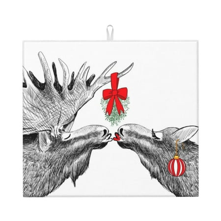 

Naloa Moose Kissing Under Mistletoe Dish Drying Mat for Kitchen Counter Heat Resistant Drainer Mats Absorbent Draining Mat Dish Rack Pad 16 x18