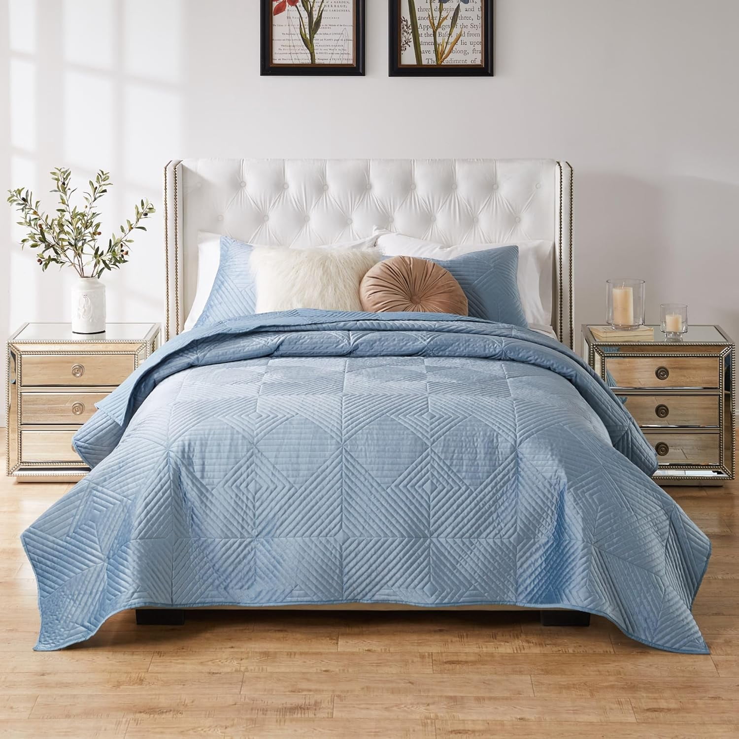 Barefoot Bungalow Riviera Velvet Finely Stitched Modern Quilt Set, Spa Blue, 3-Piece Full/Queen