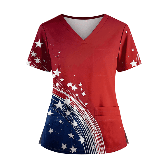 250 Anniversary Scrub Tops for Women American Flag Print United States Patriotic Star Short Sleeve Tops V Neck Classic Fit Daily Wear Nursing Uniforms with Pockets, #01 Deep Red, M