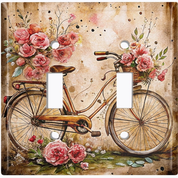 Metal Light Switch Wall Plate Outlet Cover (Printed Image of Rustic Bike and Flowers - Double Toggle)