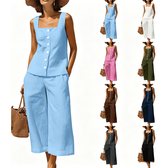 Zynoxe Linen Sets for Women Two Piece Summer Square Neck Button Top Wide Leg Pants Matching Sets Business Casual Outfits for WomenLight BlueS