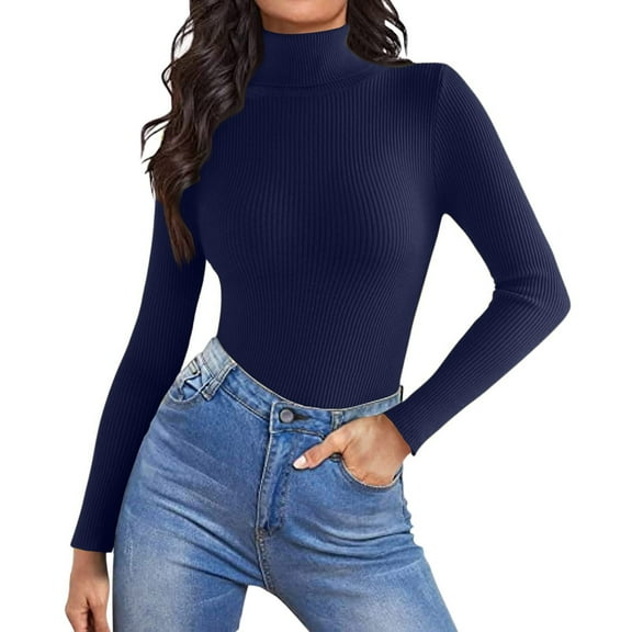 Mock Turtle Necks Tops for Women Long Sleeve Ribbed Shirts Thermal Slim Fit Lightweight Undershirts，Navy L