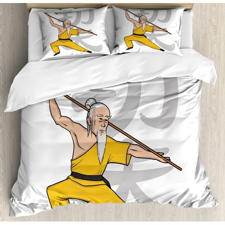 Kung Fu Duvet Cover Set King Size, Ethnic Themed Image with Practicing Master Mentor Print, Decorative 3 Piece Bedding Set with 2 Pillow Shams, Earth Yellow Pale Grey Peach and White, by Ambesonne