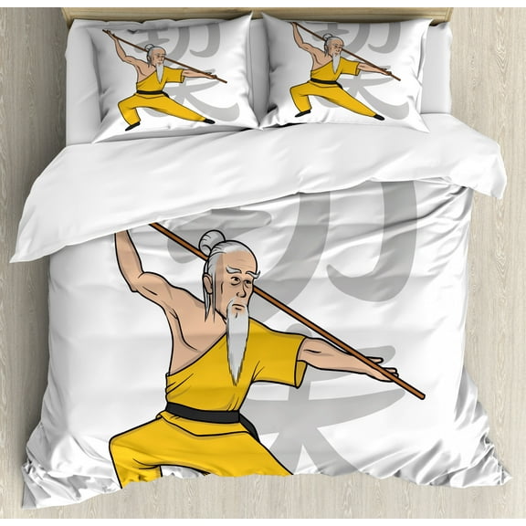 Kung Fu Duvet Cover Set King Size, Ethnic Themed Image with Practicing Master Mentor Print, Decorative 3 Piece Bedding Set with 2 Pillow Shams, Earth Yellow Pale Grey Peach and White, by Ambesonne