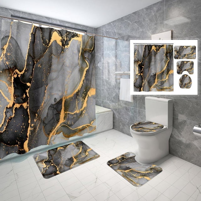 Aosijia 4 Pcs Marble Shower Curtain Sets Bathroom Sets with Shower Curtain and Rugs and Accessories Rug Toilet Lid Cover and Non-Slip U Shape Mat Waterproof Shower Curtain with 12 Hooks