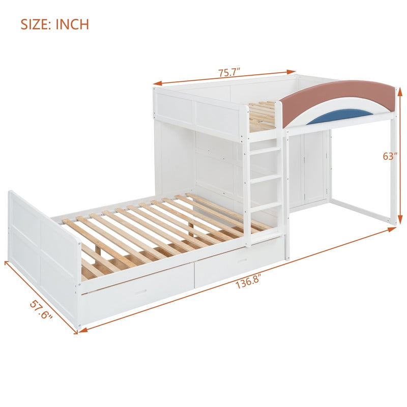 Full-Over-Full Size Offset Bunk Bed with Wardrobe & Built-in Hanging Rod, Storage Kids Bed Frame with 2 Drawers & Guardrail
