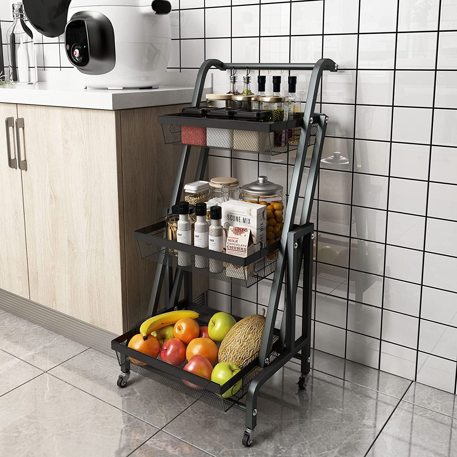 White Office 3-Tier Rolling Utility Cart with Handle and Wheels Storage Organizer Shelves for Kitchen Coffee Bar Bathroom 