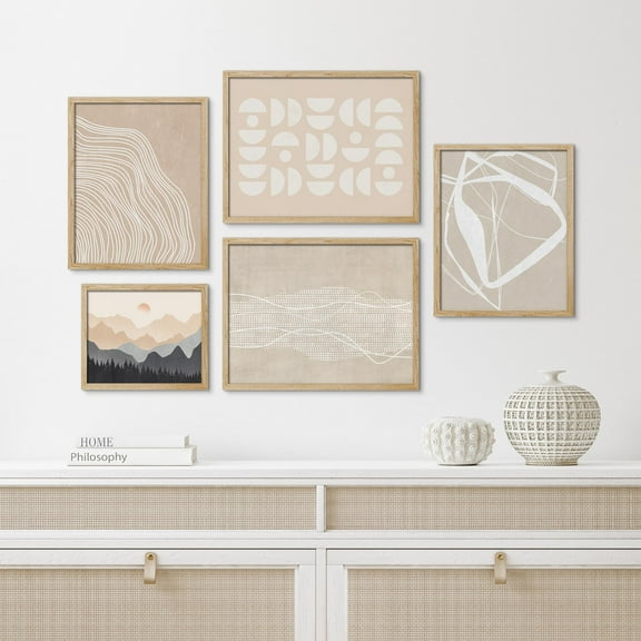 PixonSign Framed Canvas Print Wall Art Set - Mid-Century Spiral Ring Abstract Digital Art - Geometric Collage Gallery Set of 5 Duotone Landscape Illustrations Wall Décor for Home - Natural