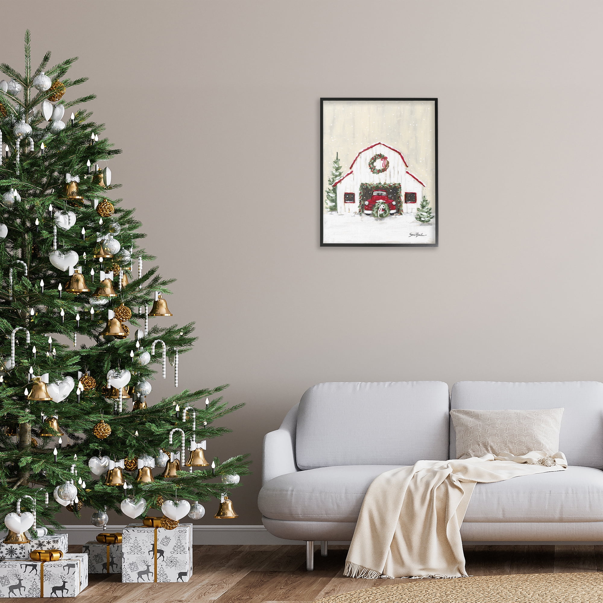 Stupell Industries Seasonal Garlands Barn Holiday Painting Black Framed Art Prints Wall Art, 24 x 30