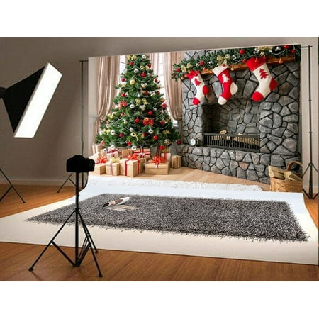 Image of GreenDecor 7x5ft Christmas Photography Backdrop for Children Christmas Tree and Three Gift Socks Hang Fireplace Photo Background