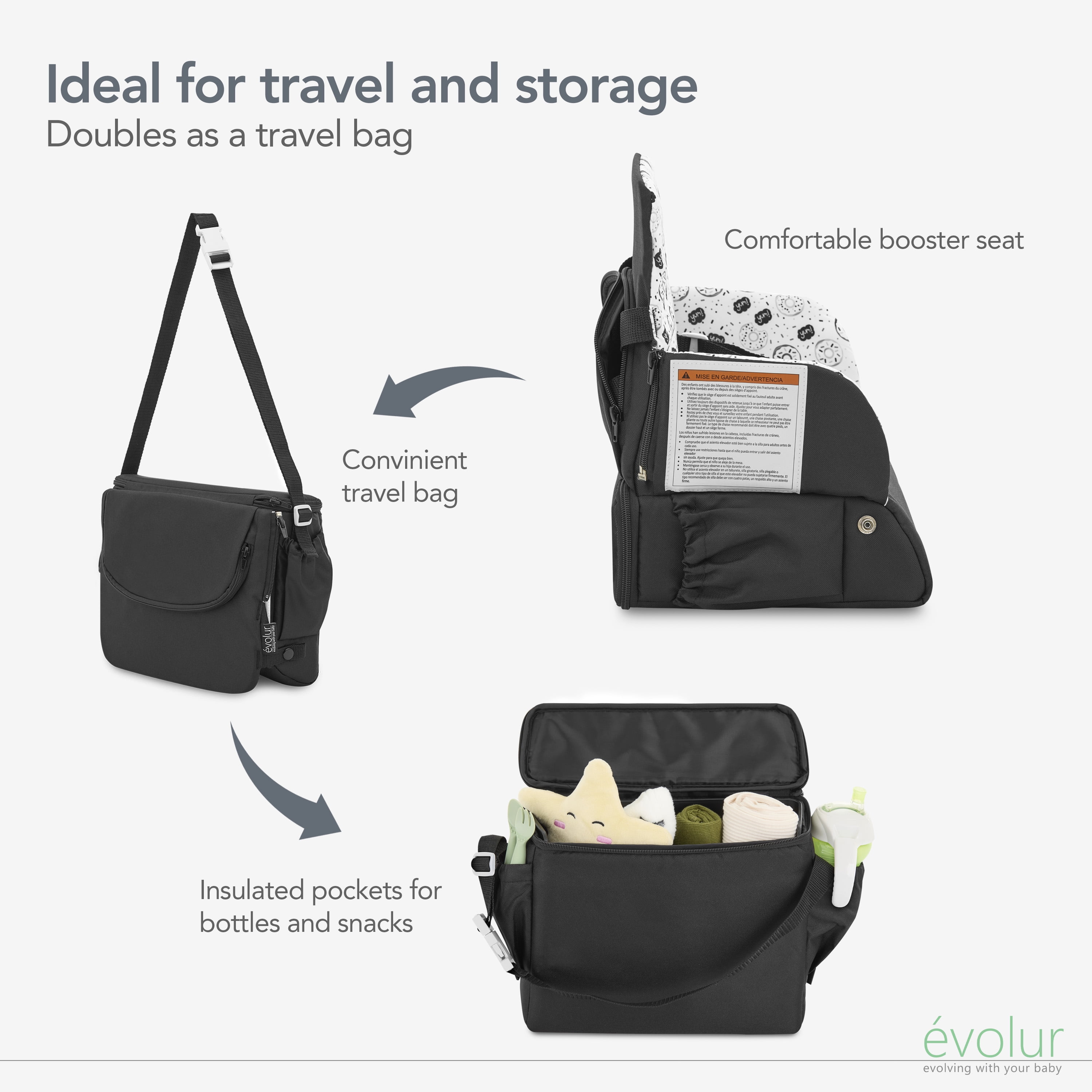 Evolur Snug Packsack 2-in-1 Portable Booster Seat and Travel Bag, Black And White