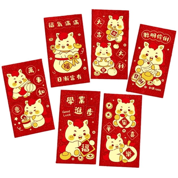 MOMOJIA Pack of 6 New Year Red Envelopes Gold Sparkles Matte Finish Cartoon Horse Pattern Multipurpose Money Gift Holders