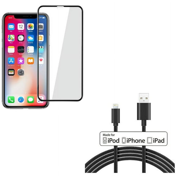 iPhone XS/X - Tempered Glass Screen Protector w 10ft MFi USB Cable - 5D Touch Curved Edge Full Cover Bubble Free Case Friendly 9H Hardness, Certified Charger Cord Power Wire Braided Long