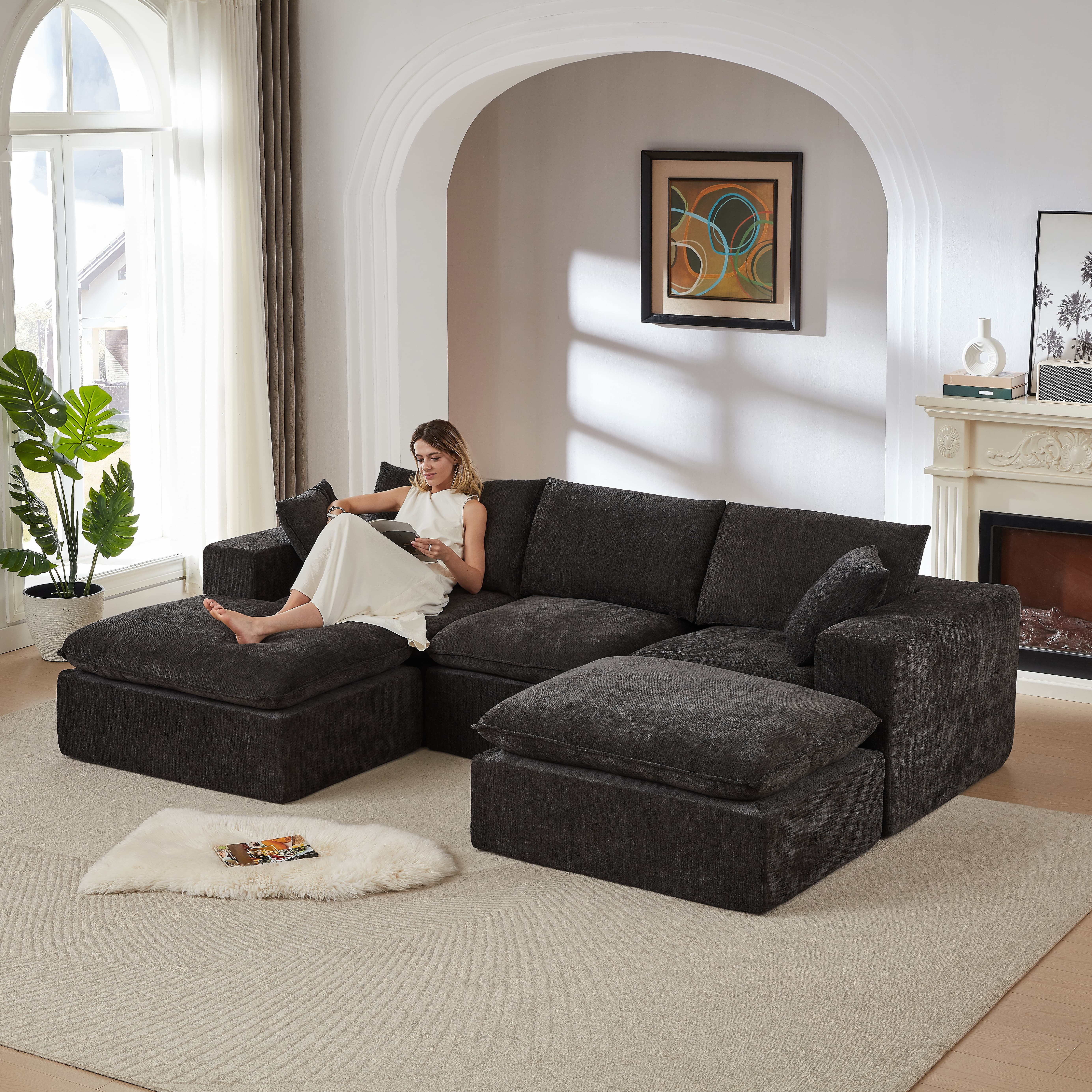 MAYEERTY Modern Modular Chenille Sofa, Black Cloud-Soft Sectional Couch for Living Room