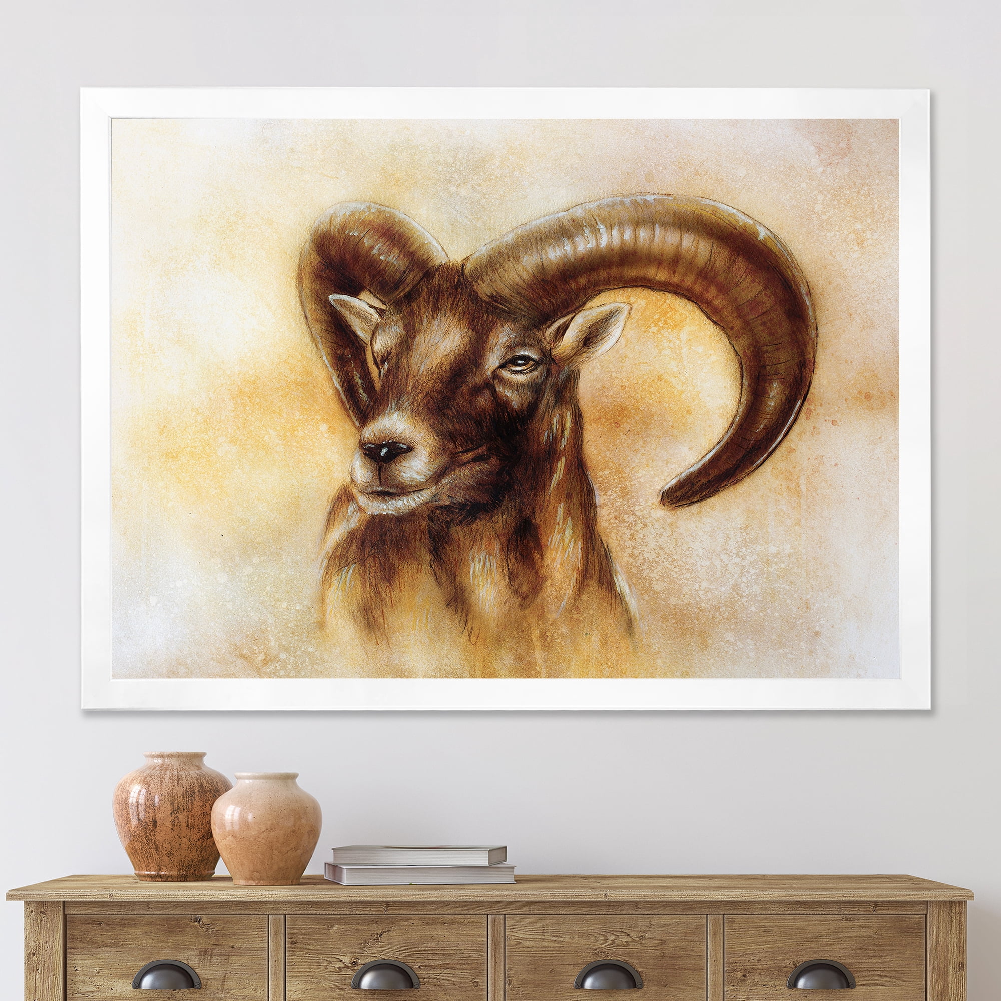 Designart 'Abstract Portrait of Wild Ram With Mighty Horns I' Modern Framed Art Print