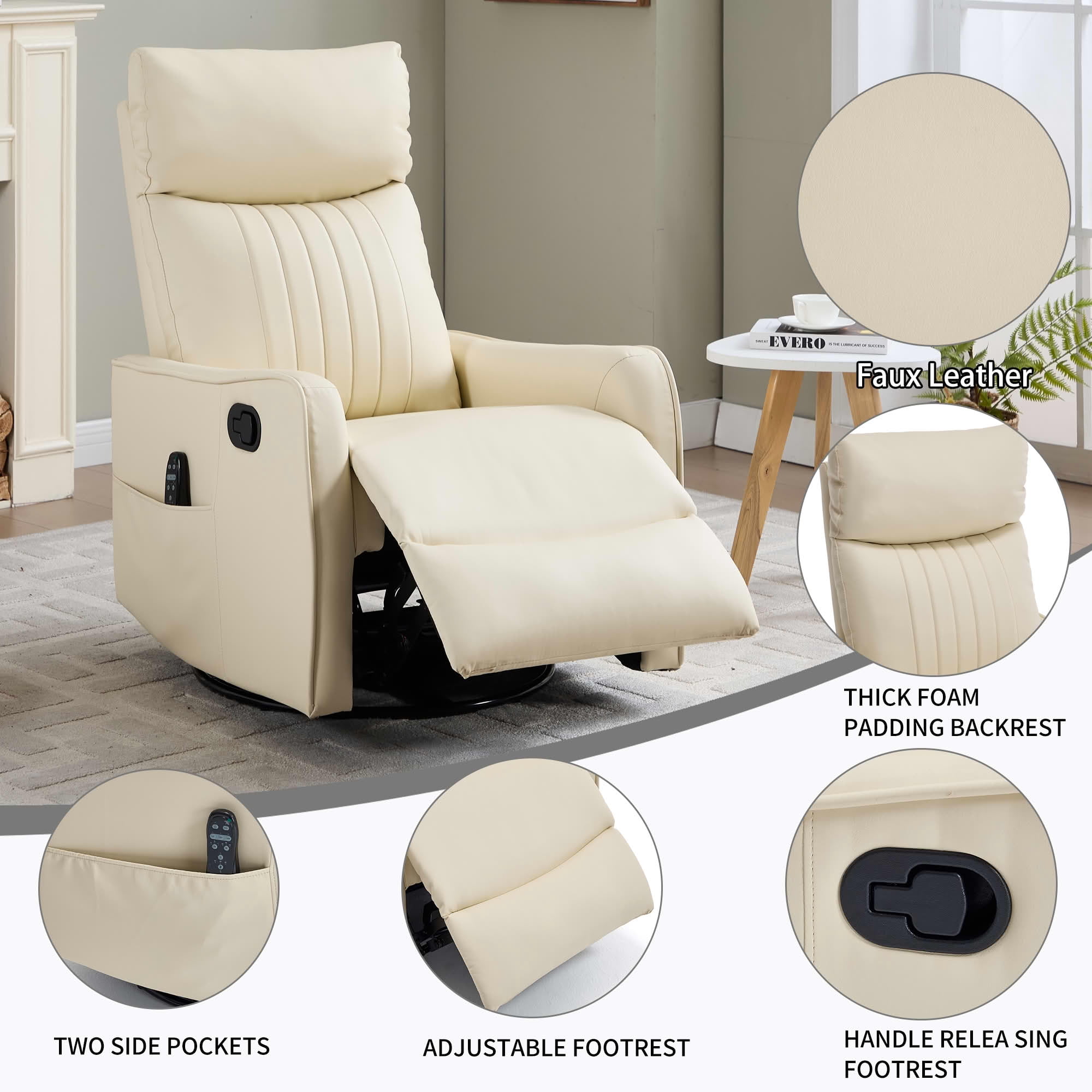 MAYEERTY Grey Heat Massage Recliner Chair, 360° Swivel Rocker 27"x36"x40" for Living Room