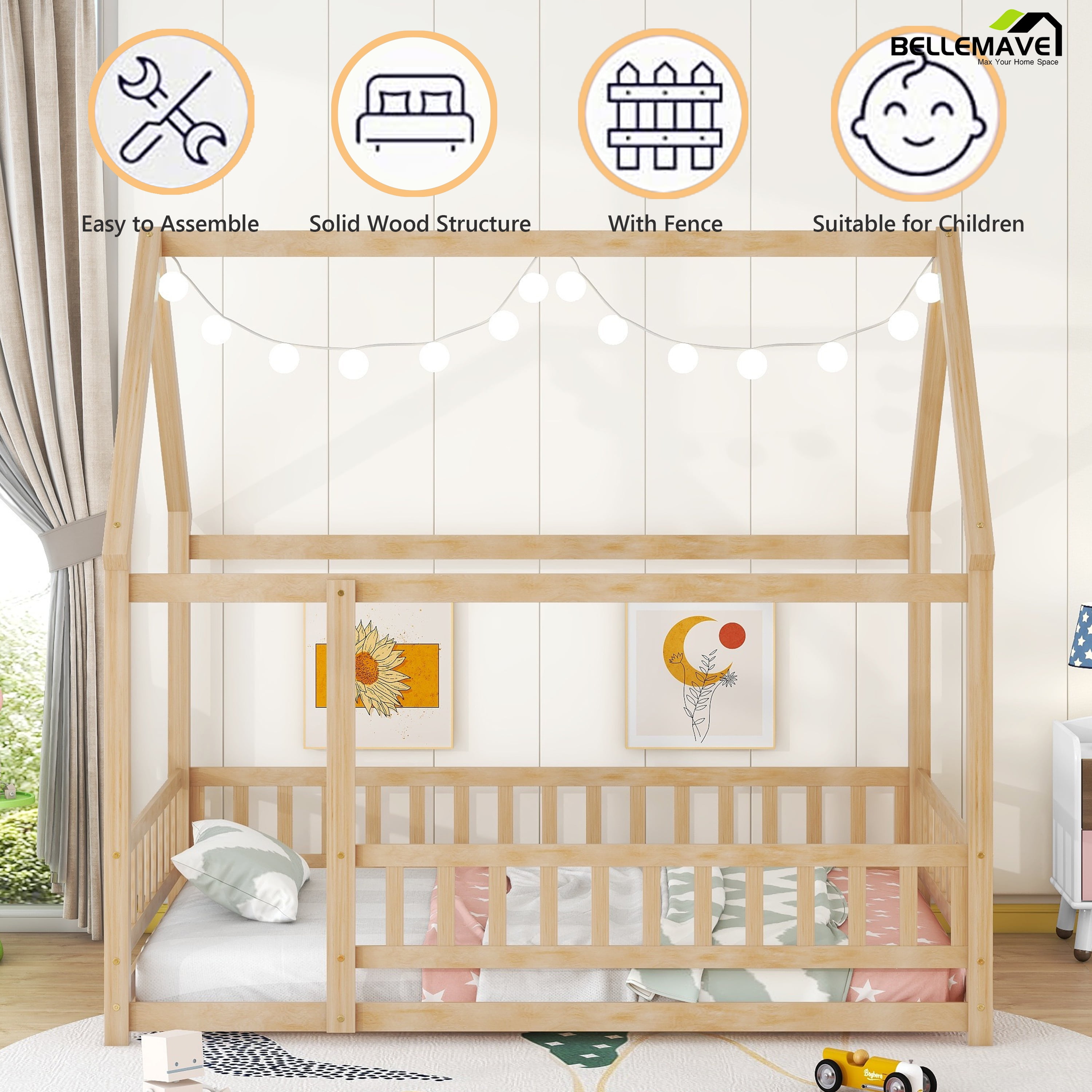 Bellemave Full Floor Bed, Wood Full Size House Bed Frame with Fence, Montessori Floor Bed for Bedroom（Natural)