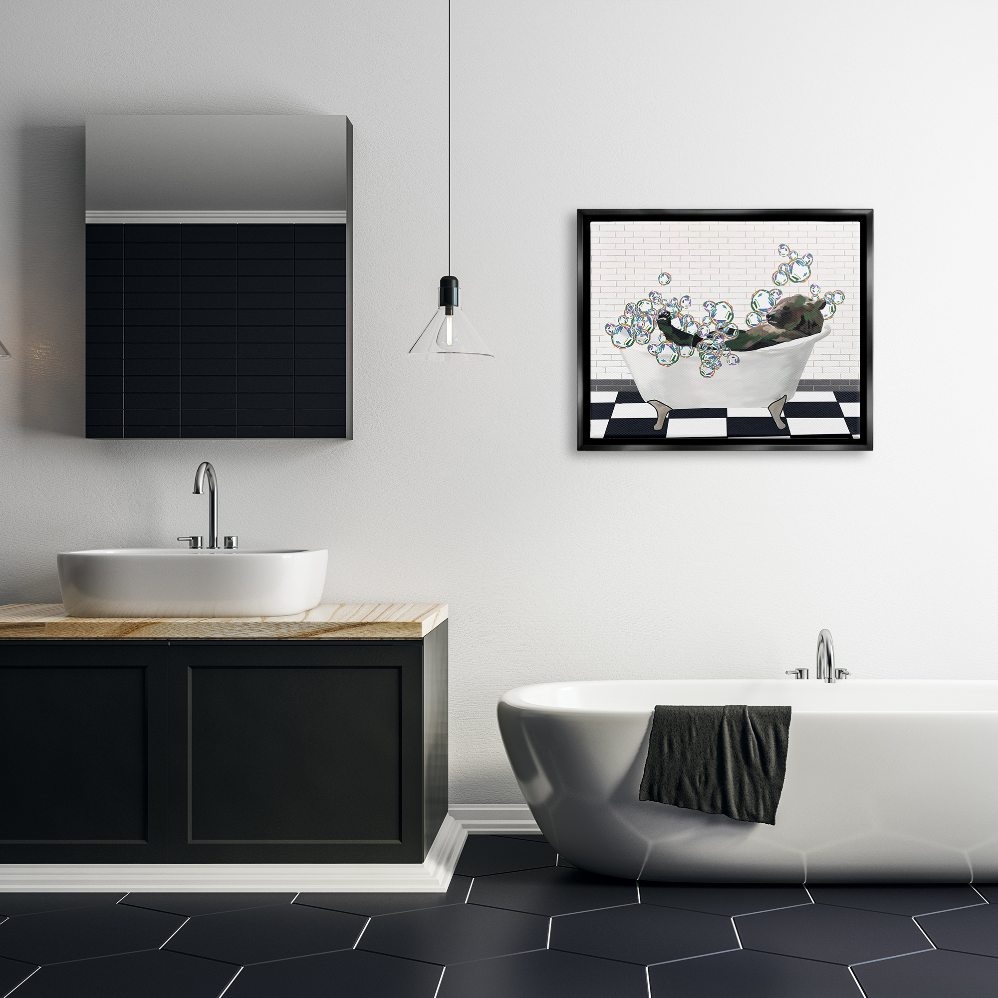 Stupell Industries Bear in Bubble Bath Animals & Insects Painting Black Floater Framed Art Print Wall Art, 31 x 25