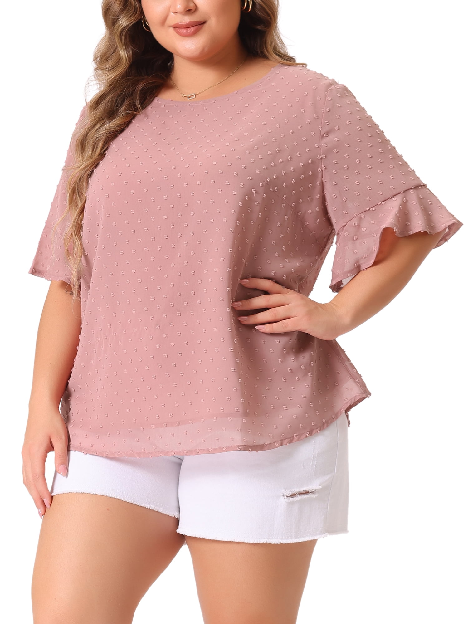 DARING DIVA Women's Plus Round Neck Ruffle Sleeve Swiss Dots Top 2X Dark Pink