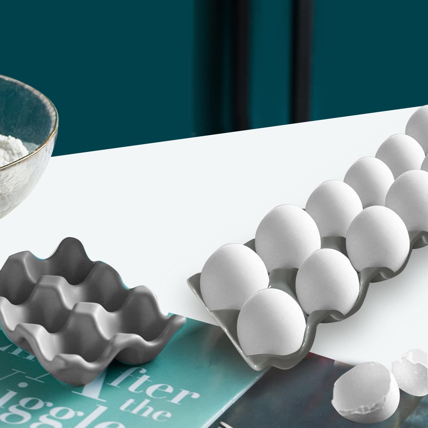 First of a Kind Grey Ceramic Stoneware Egg Holder - Porcelain Egg Container for Storage Organizer - Decorative Serving Stand Serveware for Countertop, Display, Kitchen & Refrigerator