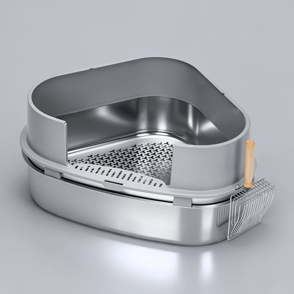 Furrbby XXL Corner Stainless Steel Sifting Cat Litter Box for Pine Pellets