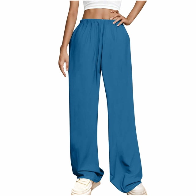 FNFYFH Clearance Womens Cotton Linen Pants Drawstring Elastic Waisted Pant Solid Wide Leg Trousers,Blue