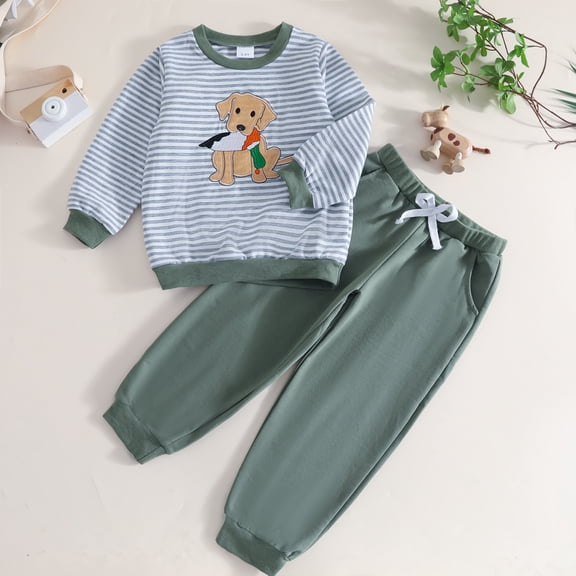 Boys Summer Outfits Boys Striped Cartoon Puppy Hoodie and Sweatpants 2 Piece Fall Set Boys' Clothing Sets Green 3-4 Years
