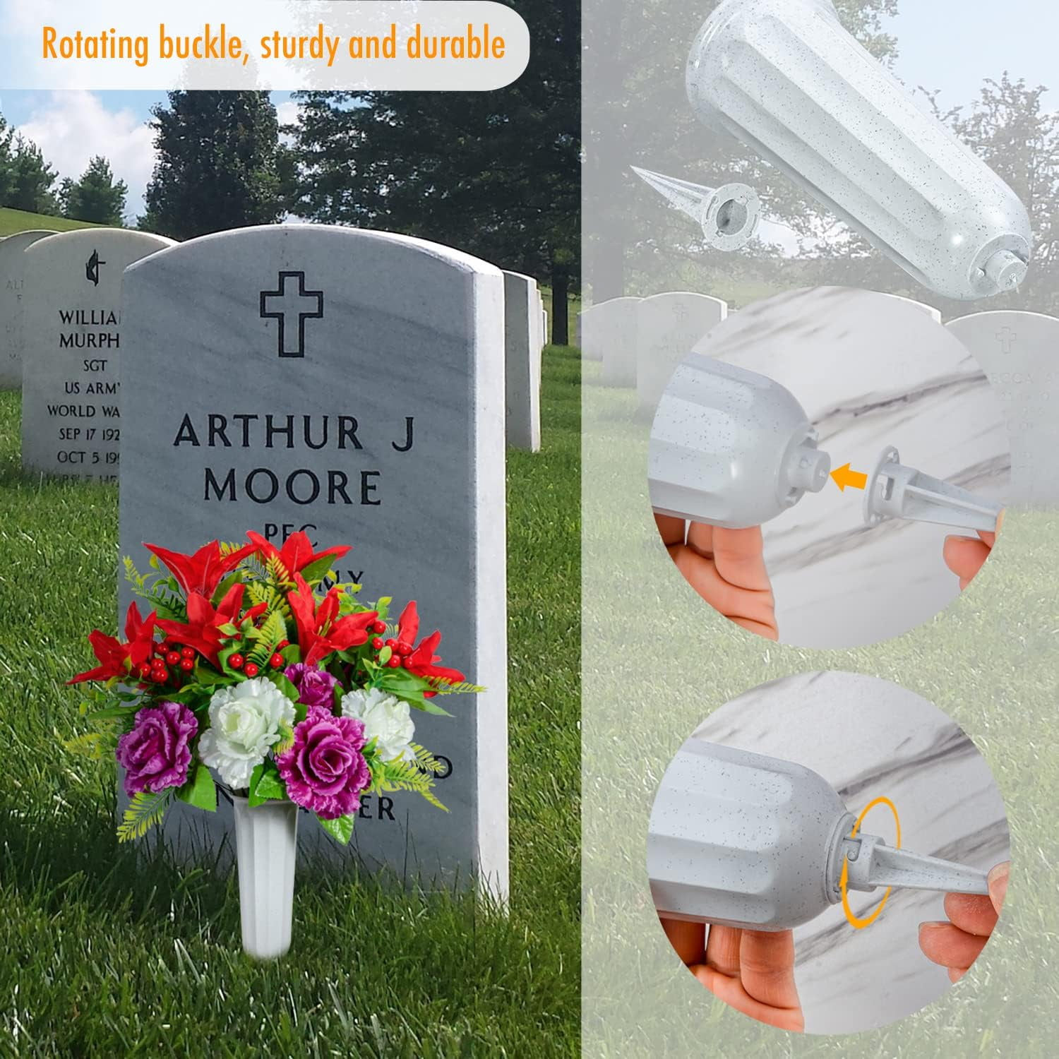 Artificial Cemetery Flowers, Spring Memorial Bouquet with Vase, Outdoor Grave Flowers Decorations, Artificial Dahlia Bouquet for Graveyard, Headstone Decoration, Set of 4