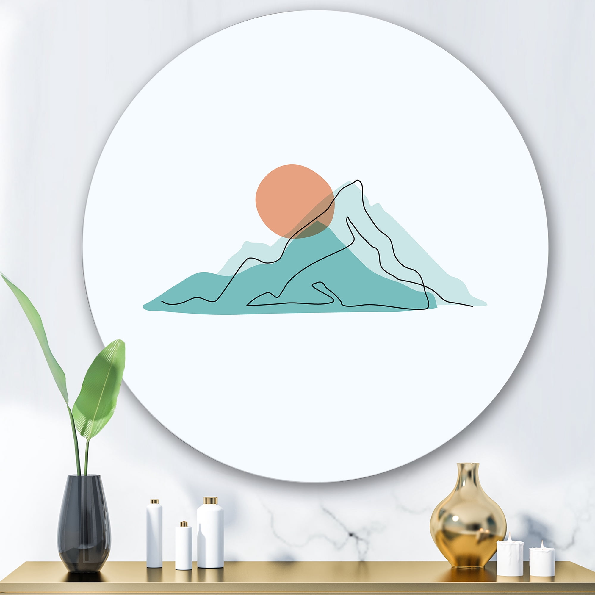Designart 'Abstract Blue Mountains With Red Moon II' Modern Circle Metal Wall Art 36x36 - Disc of 36