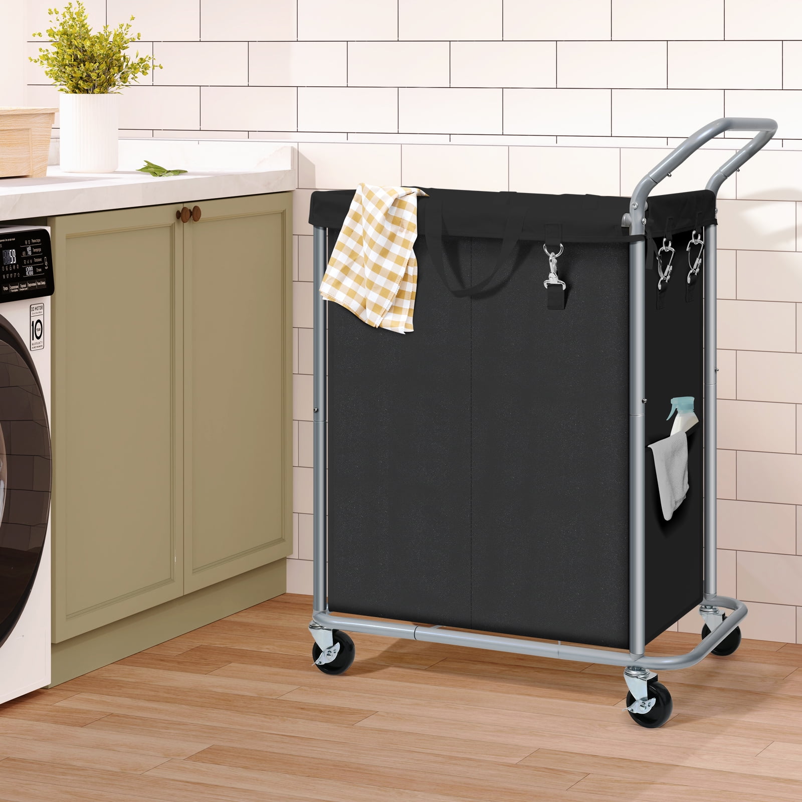 Ollieroo Laundry Hamper with Wheels,140L Rolling Laundry Hamper,2-Section Rolling Laundry Hamper with Removable Liner & Handles for Clothes Storage, Laundry Room,Black