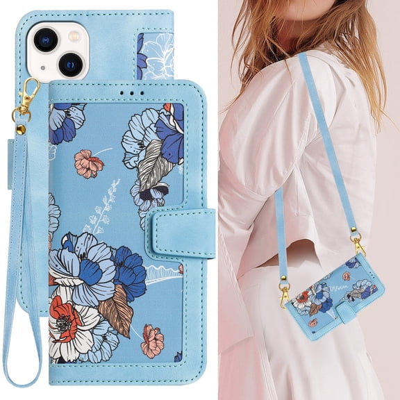 iPhone 15 Case, PU Leather Magnetic Closure RFID Blocking Card Slots Kickstand Shockproof Flip Wallet Handbag Flowers Case Cover with Wrist Strap Shoulder Strap for Women & Girl, Blue