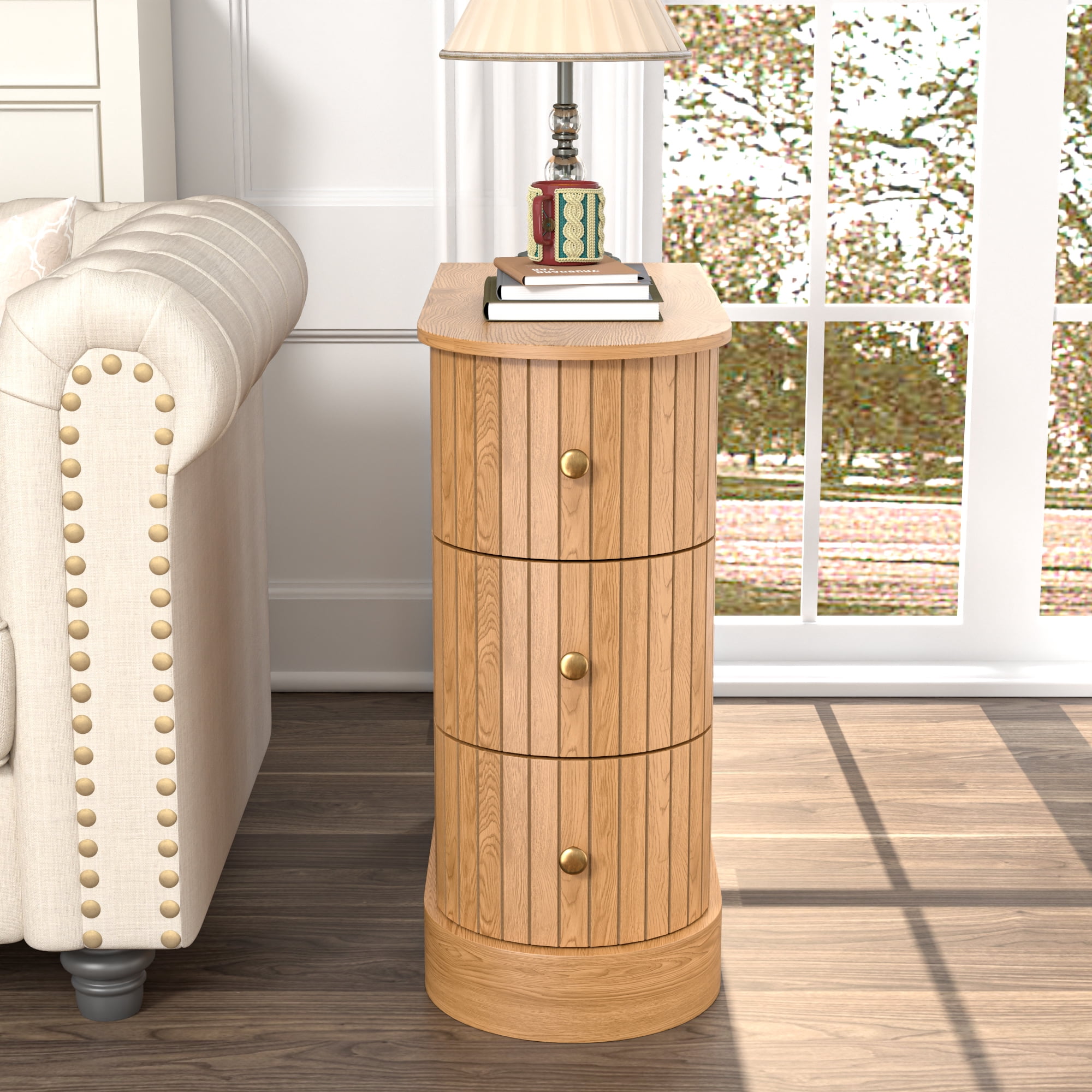 3 Drawers Wood End Table, Narrow Sofa Side Table for Living Room, Slim Nightstand Bedside Table