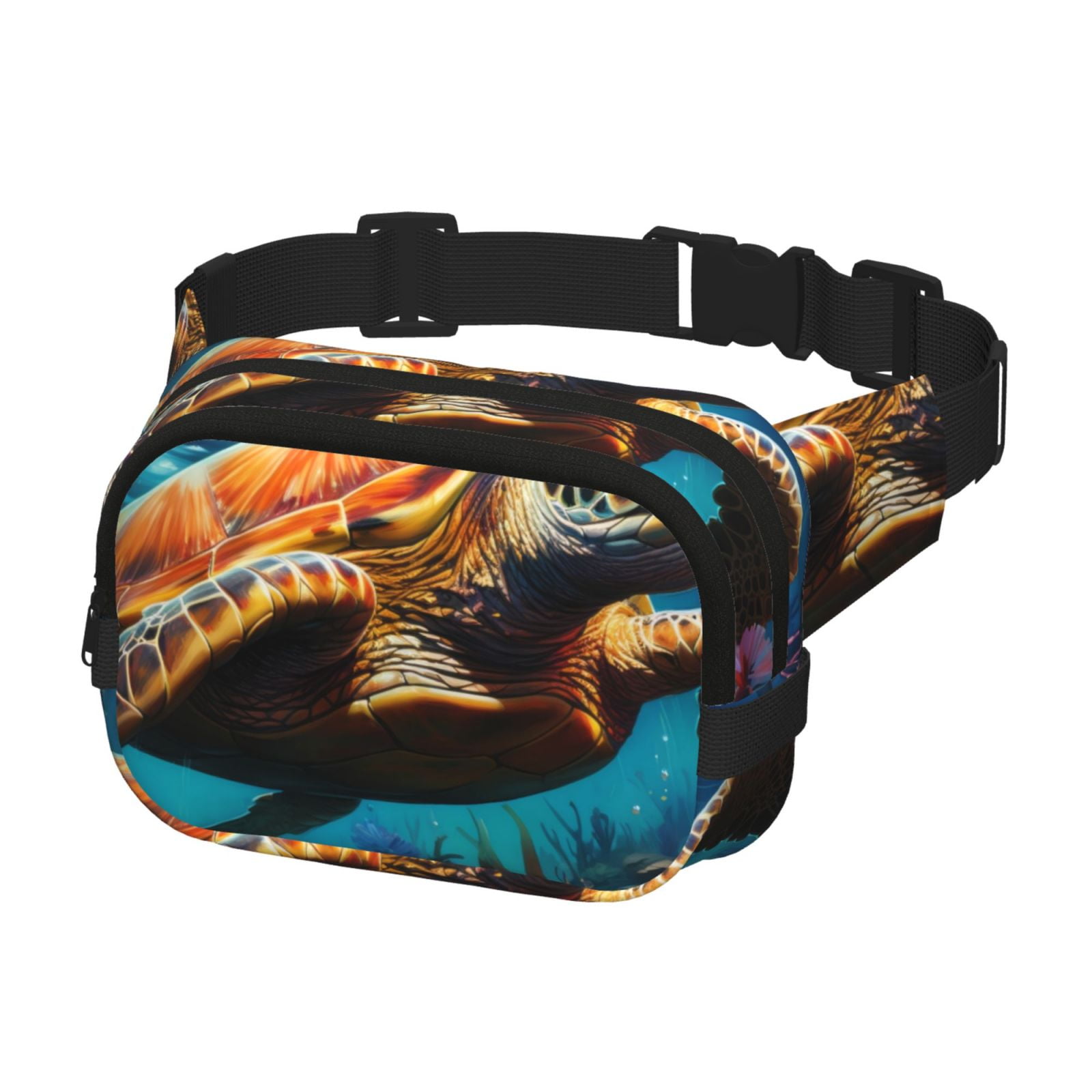 Picia Colorful Flower Sea Turtle Print Square Double-Layer Waist Bag Mini Adjustable Waist Belt Bag Exercise Running Travel Hiking