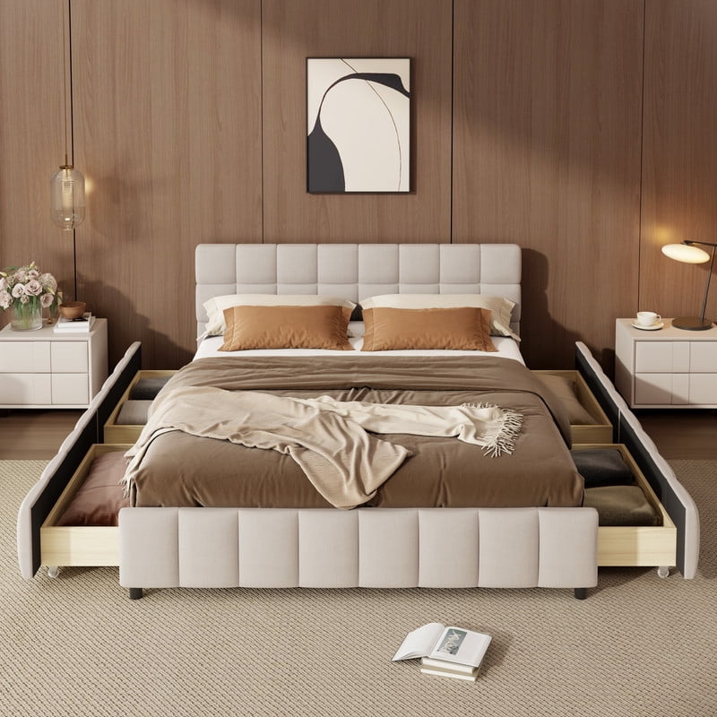 Queen Size Low Profile Platform Bed with Tufted Headboard, Linen Fabric Padded Storage Upholstered Bed Frame with 4 Drawers