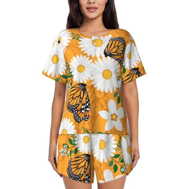 Balery White Floral and Butterflies Conjunto de Pijama para Mujer con Estampado, Dos Piezas de Manga Corta y Shorts, Ropa de Dormir Suave con Cuello Redondo y Bolsillos-Small