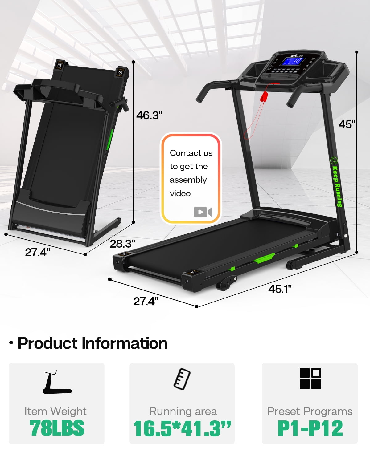 FYC 3.5HP Folding Treadmill 330 LBS Weight Capacity with Incline for Home, Portable Electric Treadmill for Running Walking Jogging Exercise with 12 Preset Programs, Indoor Home Workout Training