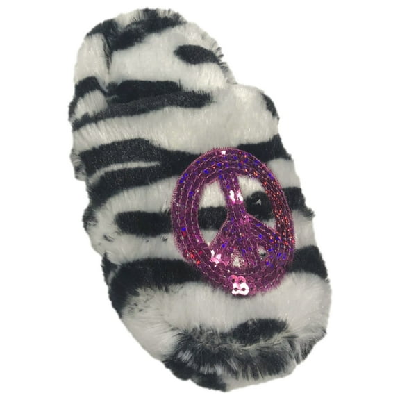 Toddler Girls Plush Zebra Print Slippers Sequin Peace Sign House Shoes 10-11