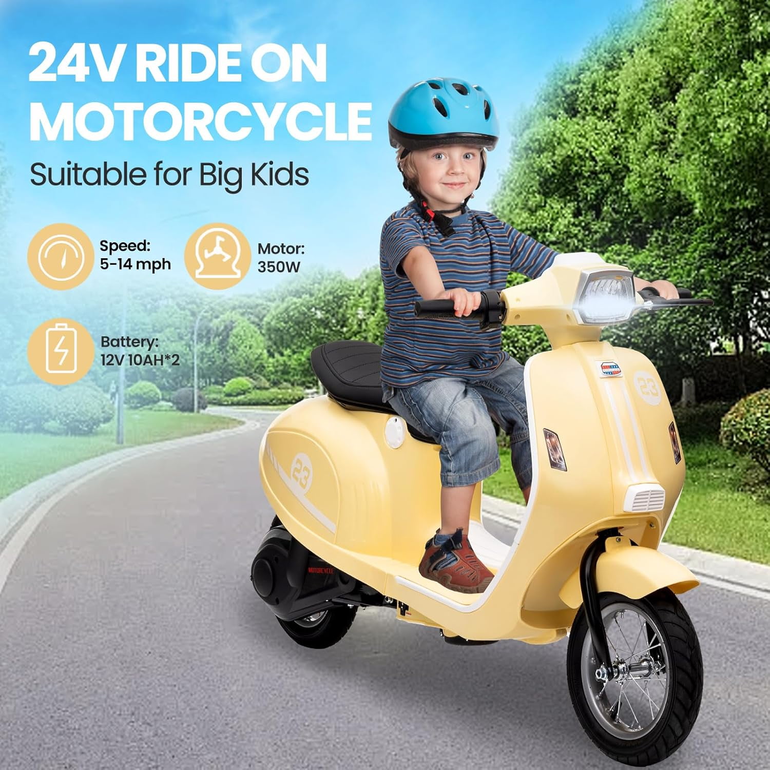 Roromall Kids Electric Moped Scooter, 24V 350W Ride on Motorcycle, Max Up to 14MPH, with Rear Brake, Twist Grip Throttle & LED Light, for Kids/Teens 8-12