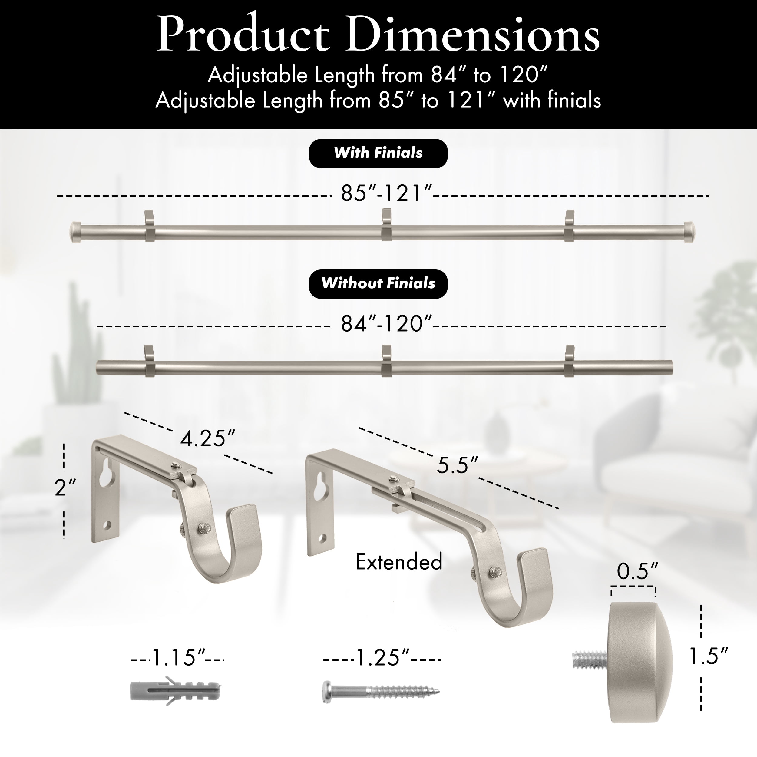 Meriville 1-Inch Diameter End Cap Single Window Treatment Curtain Rod (84"-120", Pewter)