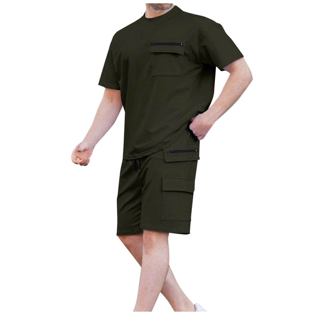 Ensemble Décontracté à Manches Courtes et Col Rond et Shorts à Taille Élastique avec Cordon pour Hommes, Mélange Coton Polyester, Noir, P