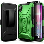 Nagebee Case for Alcatel TCL A3 (A509DL) with Tempered Glass Screen Protector (Full Coverage), Belt Clip Holster with Built-in Kickstand, Heavy Duty Shockproof Armor Rugged Case (Green)